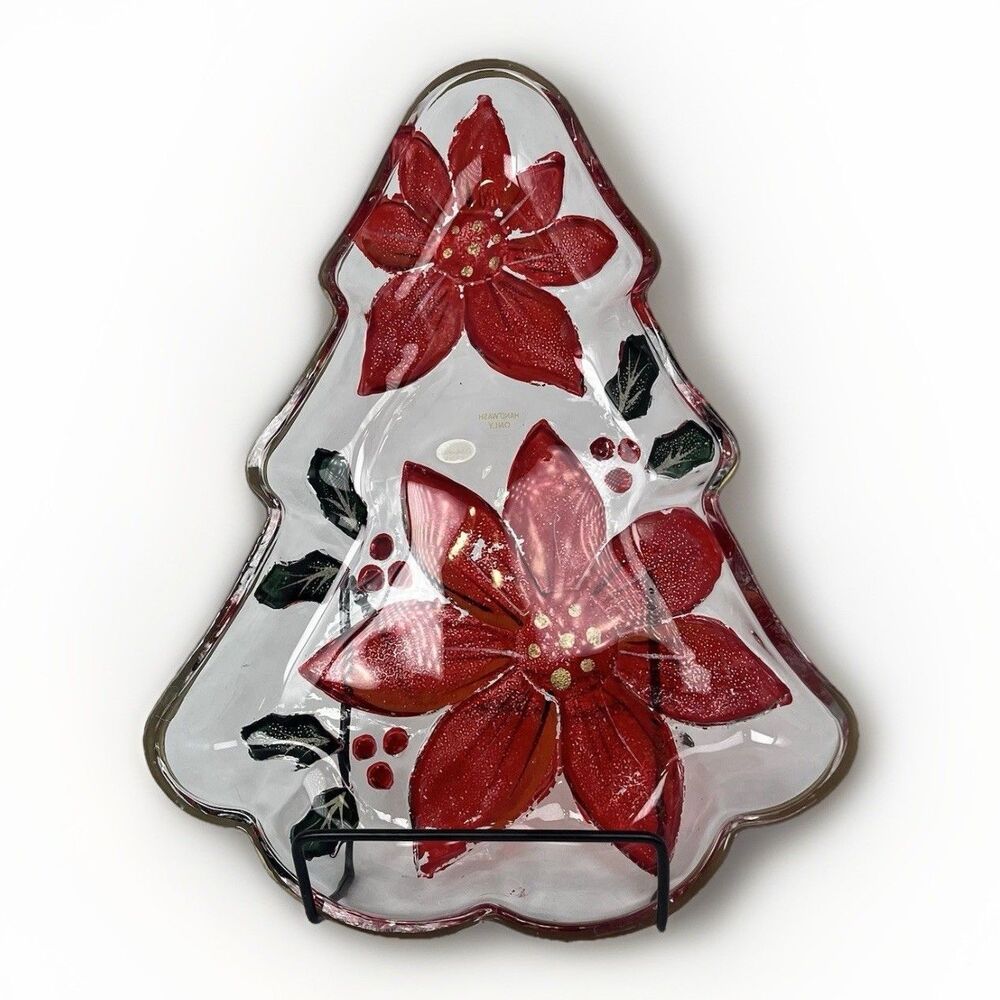 Vtg Celebrations 10" Poinsettia Christmas Tree Plate Hand Carved Hand Painted